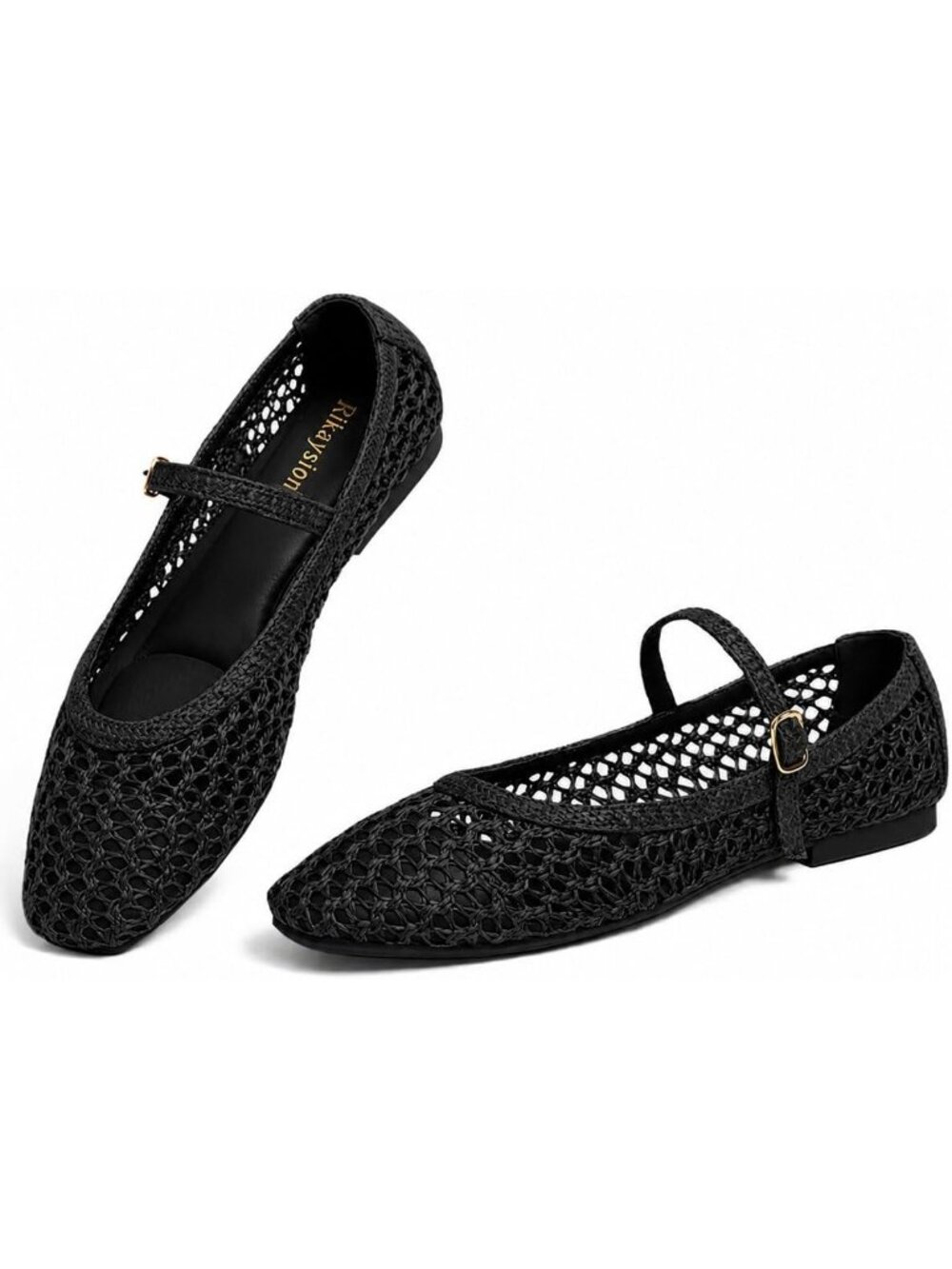 Women's Black Rubber Woven Flats Square Toe Adjustable Strap Comfortable Shoes